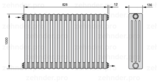 Схема (чертеж) Радиатор Zehnder Charleston 4100/18 №1670 Белый глянцевый RAL 9016